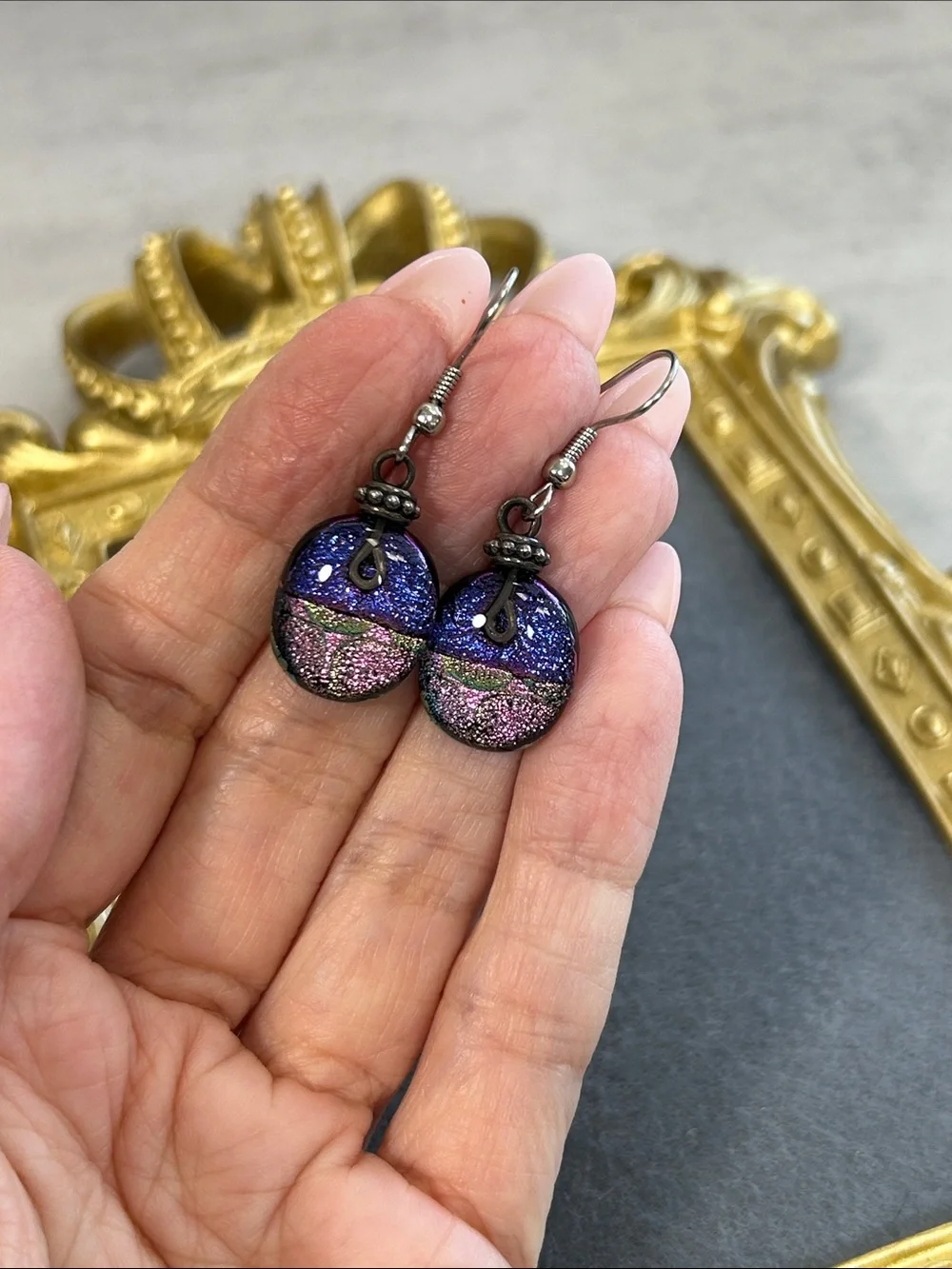 Handmade Dichroic Glass Drop Earrings - Purple Iridescent - Picture 2 of 4